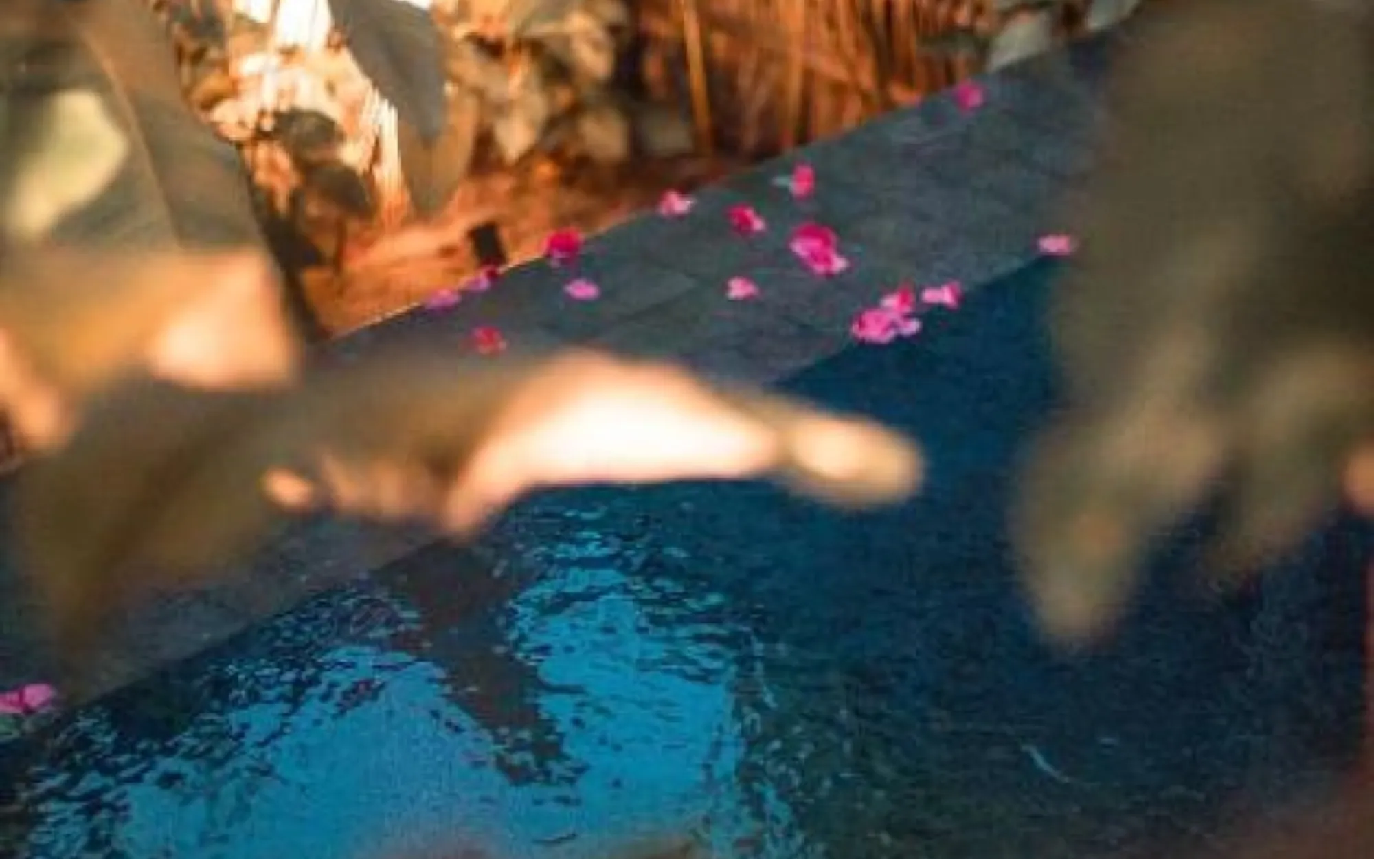 Piscina privativa com pétalas, na luz dourada do fim de tarde